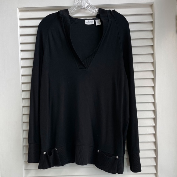 Chicos Zynergy Black Charlie Hooded Pullover, Size 2 - Picture 1 of 9